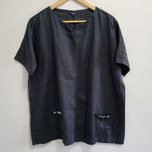 Vivid 100% Linen Embroidered Pockets Oversized Tunic Top